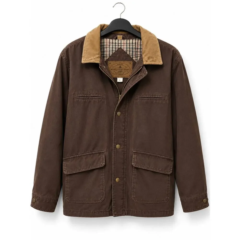 Fieldmaster Men’s Large Brown Canvas Work Jacket Tan Collar Plaid Lined Utility